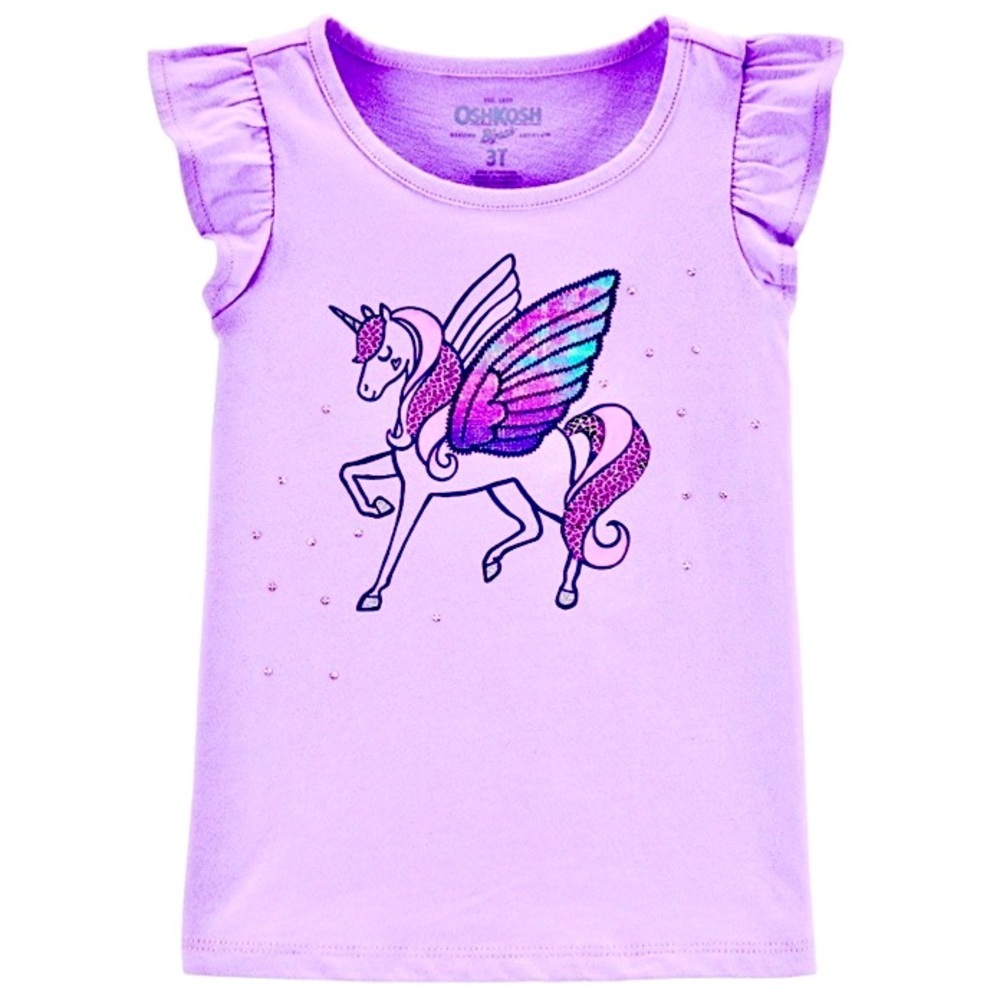 Oshkosh B’gosh Toddler Girls 3t Lilac Unicorn Graphic Flutter Sleeves Tshirt Top